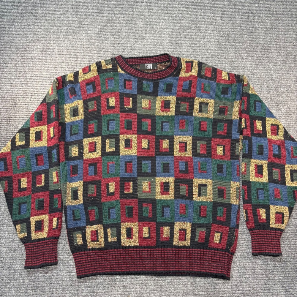 Vintage TSR USA Mens XL Geometric Square Knit Sweater Multi-Color Crewneck 90s - Picture 3 of 6